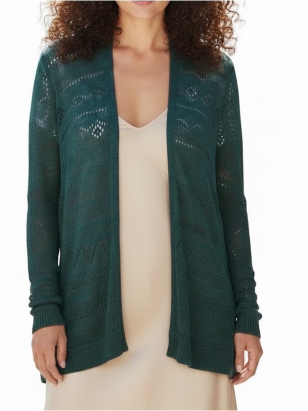 Sparrow Anthropologie Green Linen Blend Pointelle Crochet Open Cardigan Sweater